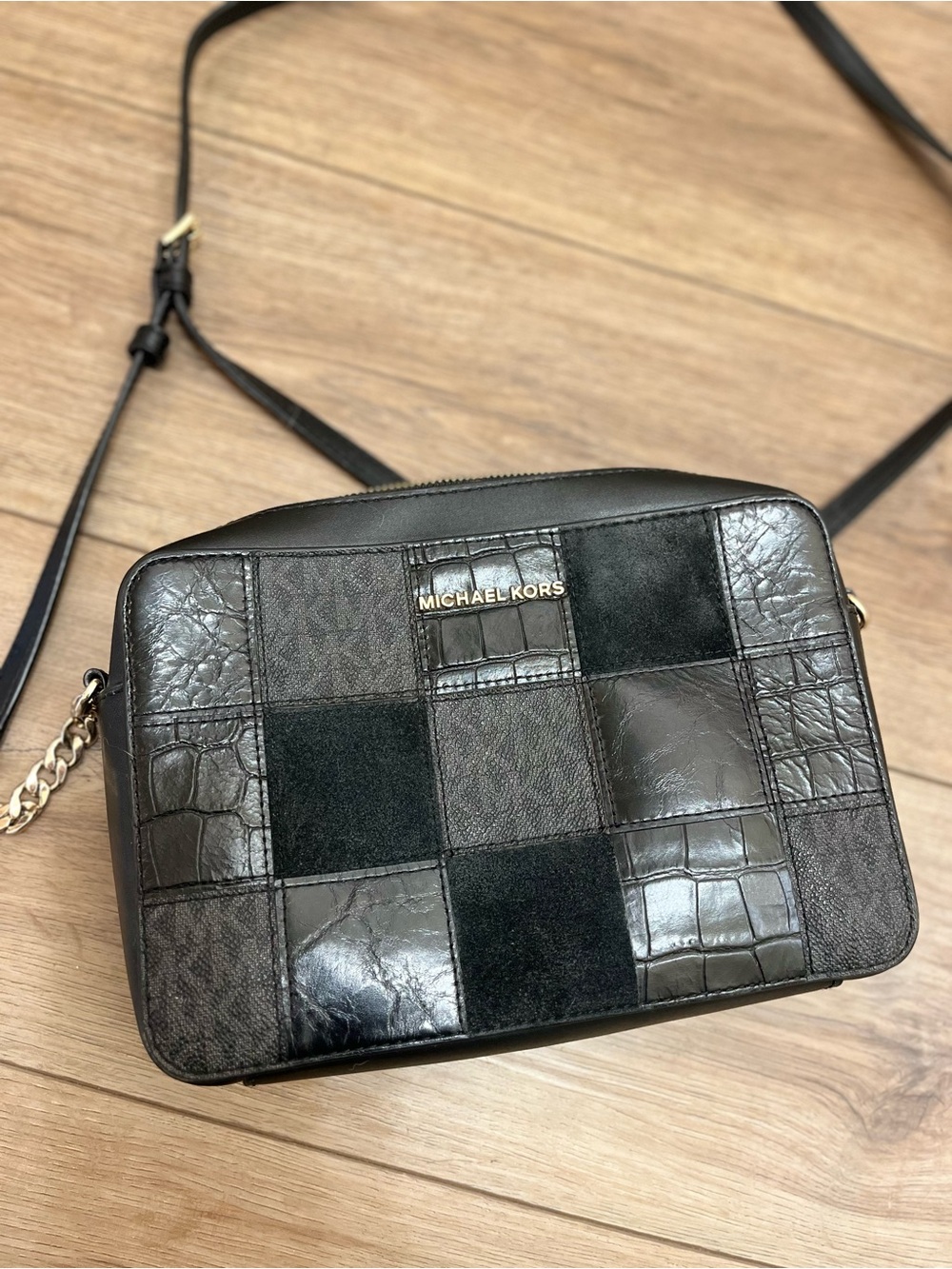 Michael Kors Black Patchwork Leather Crossbody with Gold Logo